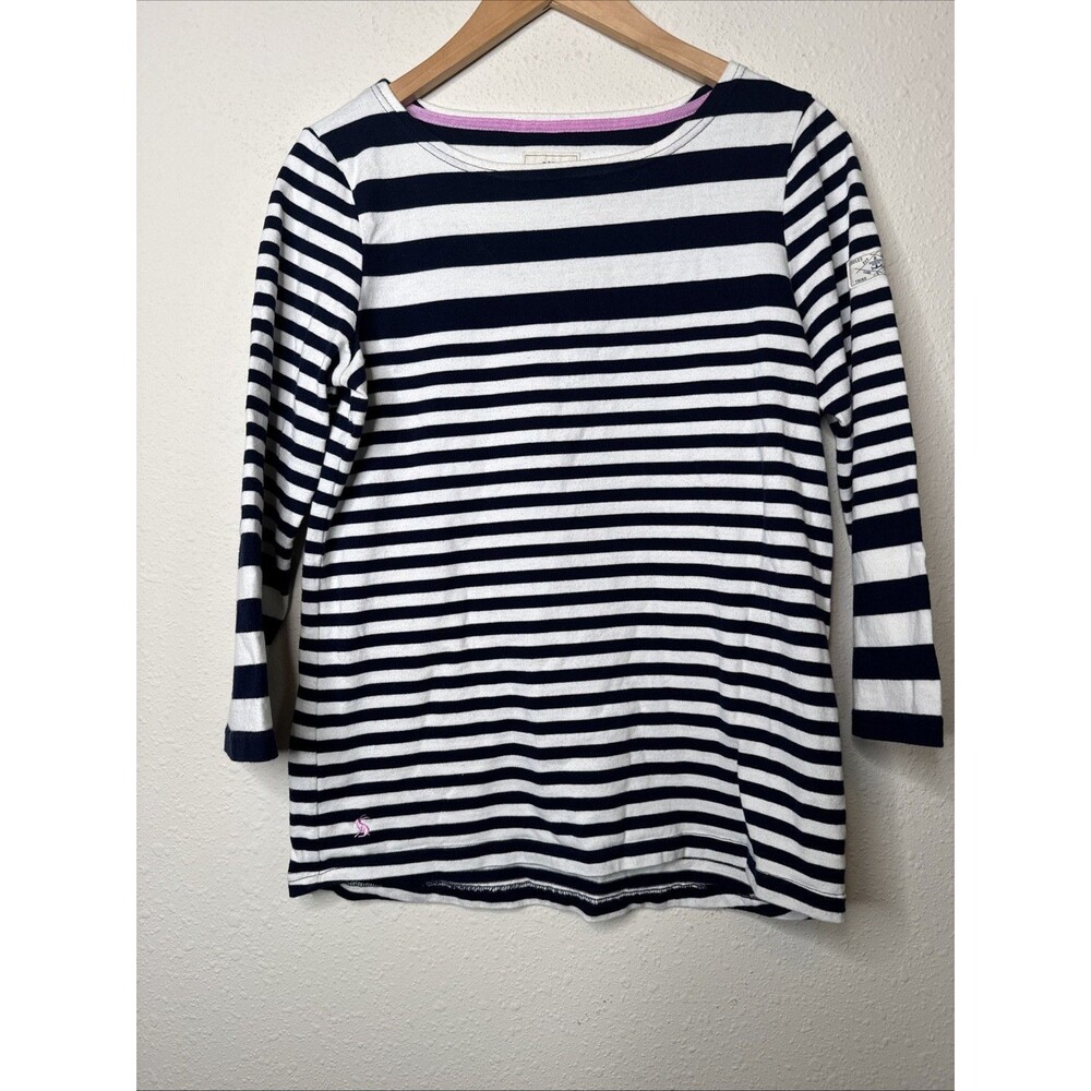 Joules Mariners Grade Women Top Blue White Stripe 3/4 Sleeve, Size 8